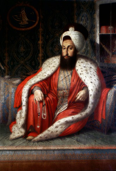 الإمبراطورية العثمانية: "سلطان سليم الثالث في الجمهور". 1803. زيت على قماش من كونستانتين كابيدالي. مكتبة توبكابي سراي اسطنبول بواسطة المدرسة العثمانية