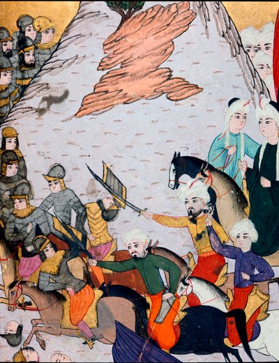 Ottoman Empire: clashes between the army of Sultan Bayezid I (Bajazet) (1360-around 1402) against the Franco-Hungarian alliance during the Battle of Nicopolis on 25/09/1396. 15th century miniature. Topkapi Sarayi Museum Library Istanbul بواسطة المدرسة العثمانية