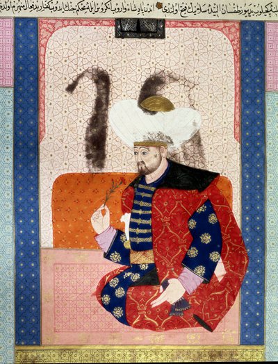 الإمبراطورية العثمانية: صورة لبايزيد الأول (باجازيت الأول) (حوالي 1354-1403) المعروفة باسم يلدريم (البرق) "" صورة مصغرة من المخطوطة (السيدة 1973 ، الورقة 62 أ) "" زبدة الطوارخ "(زبدة الطوارخ) ) (كريم القصص) للمؤرخ سيد لقمان عاشوري  بواسطة المدرسة العثمانية