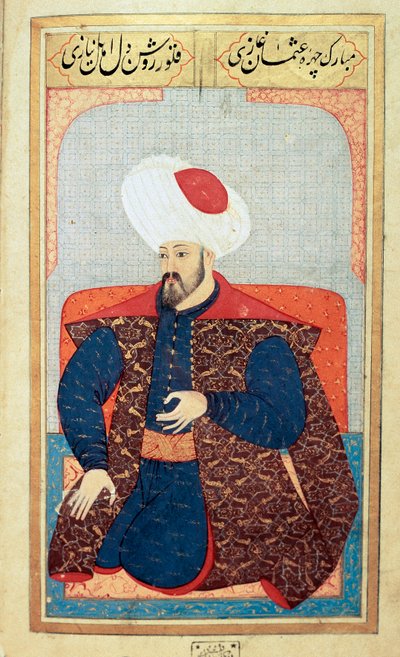 الإمبراطورية العثمانية: صورة للسلطان الأول عثمان الأول (1258-1326) منمنمة من مخطوطة "" علم الفراسة البشري (حول الترتيبات الشخصية للعثمانيين) لسيد لقمان حسين. (السيدة ty6087 ، الورقة 21 ب) بواسطة المدرسة العثمانية