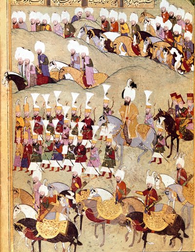 Ottoman Empire: “” representation of Ottoman Sultan Murad II (Murat) (1404-1451) and his Armee during the invasion of Persia””” Manuscript miniature ms. FY 1404 “” Sehinsahname”” (or Shahinshah-nameh or Shahinshah-nameh, Shahinshah nama, Shahinshah nameh)  بواسطة المدرسة العثمانية