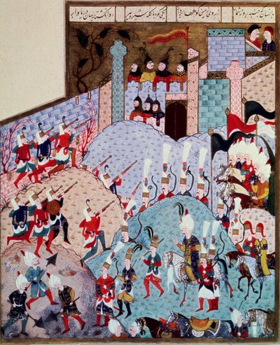 الإمبراطورية العثمانية: تمثيل السلطان سليمان (سليمان) قلت الرائع (1520-1566) وجيشه يهاجمون مدينة محصنة '. صورة مصغرة مأخوذة من "سليمان نامه" بواسطة العريفي (ms. H.1517، fol. 143a) 1558. Topkapi Sarayi Istanbul بواسطة المدرسة العثمانية
