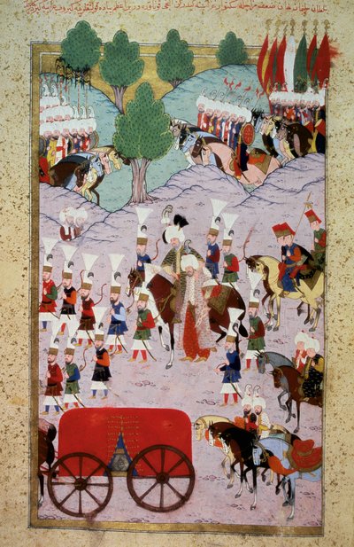 الامبراطورية العثمانية: تمثيل السلطان سليمان (سليمان) قلت الرائع (1520-1566) وجيشه. صورة مصغرة من "Hunername" بقلم Lokman ، المجلد. 1 (H 1523، f.7) 1584 مكتبة متحف توبكابي سراي اسطنبول بواسطة المدرسة العثمانية