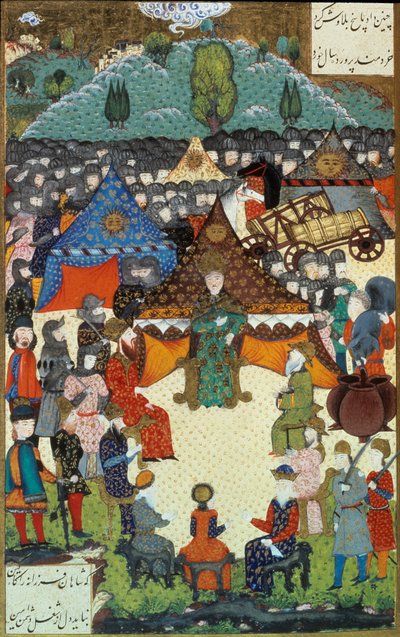 الإمبراطورية العثمانية: تمثيل السلطان سليمان (سليمان) قلت الرائع (1520-1566) في بلاطه. المنمنمة مأخوذة من "سليمان نامه" بواسطة العريفي (ms. H.1517، fol. 200a) 1558. Topkapi Sarayi Istanbul بواسطة المدرسة العثمانية