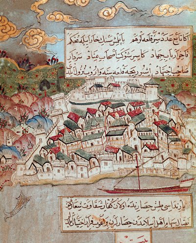 الإمبراطورية العثمانية: تمثيل لمدينة محصنة على ضفة نهر الدانوب غزاها سليمان (سليمان). قلت الرائع (1520-1566) خلال مسيرته في بودابست وفيينا (1526-1529). منمنمات القرن السادس عشر. توبكابي سراي اسطنبول بواسطة المدرسة العثمانية