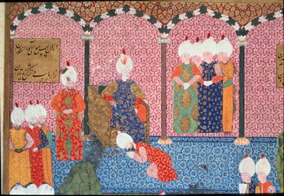 صورة لسليمان الأول العظيم (1494-1566) ، السلطان العثماني يحيط بلاطه في حفل اعتلاء العرش. صورة مصغرة مأخوذة من "سليمان نامه" بواسطة العريفي (ms. H.1517) 1558. Topkapi Sarayi Istanbul بواسطة المدرسة العثمانية