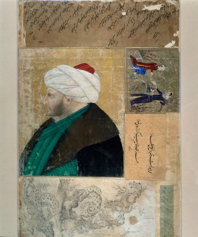 صورة لسلطان الدولة العثمانية محيت الثاني (محمد الثاني الفاتح أو محمد الثاني الفاتح) (1430-1481) منمنمة تركية من المخطوطة السيدة هـ. 2153 ، الورقة 145 ب. نهاية القرن الخامس عشر. اسطنبول ، مكتبة توبكابي سراي بواسطة المدرسة العثمانية
