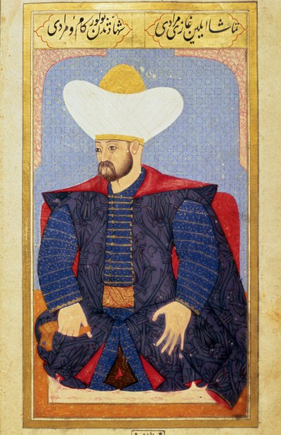 صورة لسلطان الدولة العثمانية مراد الأول (1326-1389) منمنمة من مخطوطة "" علم الفراسة البشري (حول الترتيبات الشخصية للعثمانيين) لسيد لقمان حسين. (السيدة ty6087 ، الورقة 27 ب) بواسطة المدرسة العثمانية