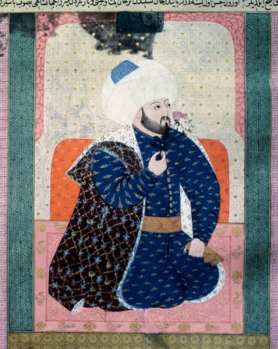 صورة لسلطان الدولة العثمانية محيت الثاني (محمد الثاني الفاتح أو محمد الثاني الفاتح) (1430-1481) صورة مصغرة من المخطوطة (السيدة 1973 ، الورقة 62 أ) "زبدة الطوارخ" (زبدة الطوارخ) ( Creme of Stories) للمؤرخ سيد لقمان أ بواسطة المدرسة العثمانية