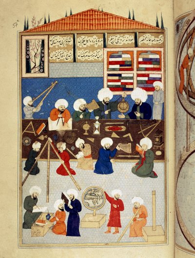 العلم والإسلام: "" وصف المرصد الفلكي للعالم العربي تقي الدين (تقي الدين أو تقي الدين) (1526-1585) الذي تم بناؤه في عهد مراد الثالث في اسطنبول عام 1577 ، وعمل علماء الفلك بالأدوات "" "مخطوطة مصغرة مللي ثانية . السنة المالية 1404 "" بواسطة المدرسة العثمانية