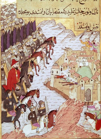 Second Crusade (1147-1149): the Crusades in front of the city of Aleppo in Syria. 16th century miniature. Topkapi Sarayi Istanbul بواسطة المدرسة العثمانية