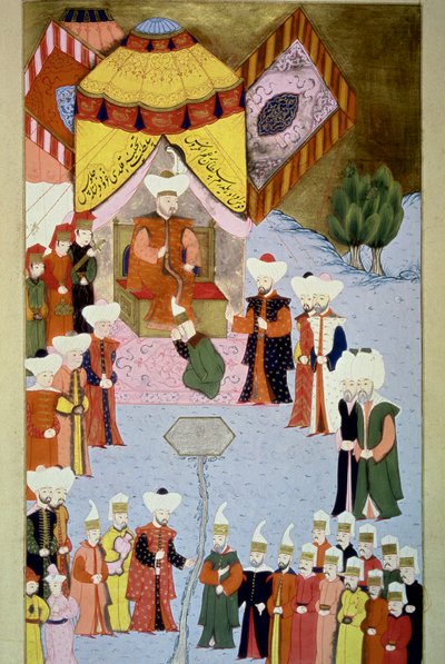 السلطان بايزيد (أو باجازيت) الأول (1360 - حوالي 1402) له محكمة مصغرة من "Hunername" من Lokman ، المجلد. 1 (H 1523، f.7) 1584 مكتبة متحف توبكابي سراي اسطنبول بواسطة المدرسة العثمانية