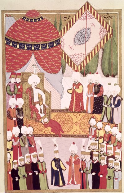 تتويج السلطان سليم الأول (1466-1520) من "اسم المستخدم" بواسطة لقمان (غواش على ورق) بواسطة المدرسة العثمانية