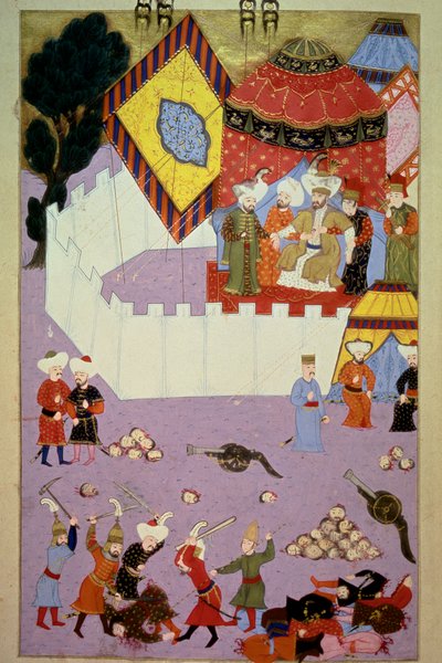 اغتيال السلطان مراد الأول (1326-1389) على يد الفارس الصربي ميلوس أوبيليتش (كوبيليتش أو كوبيلوفيتش) (توفي عام 1389) في معركة كوسوفو عقب انتصار العثمانيين على المنمنمات الصربية من كتاب لقمان "Hunername" ، المجلد. 1 (H 1523، f.7) 1584 إلى بواسطة المدرسة العثمانية