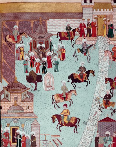 منظر لكنيسة القديسة إيرين (القديسة إيرين) وبوابة السراي وقصر السلاطين في القسطنطينية منمنمات القرن السابع عشر. توبكابي سراي اسطنبول بواسطة المدرسة العثمانية
