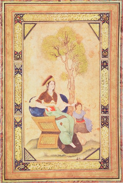 امرأة جالسة مع فتاة صغيرة في حديقة ، من ألبوم de pieces calligraphiees et de miniatures (miniature) بواسطة المدرسة العثمانية