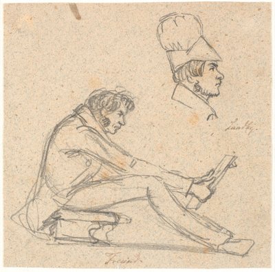 سعادة فرويند جالسًا على كرسي ينظر إلى الرسم. فوق صورة الملف الشخصي لـ J. Th. لوندباي. بواسطة PC Skovgaard