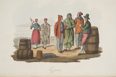 Lazzaroni من المشهد الإيطالي ، يمثل الآداب والعادات والتسلية في مختلف ولايات إيطاليا ، حانة. 1806 (نقش ملون يدوي) بواسطة بي فان (بعد) ليربيرجي