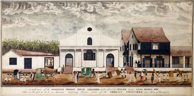 منظر جنوبي لمنزل Wesleyan Mission ، كولومبو على جزيرة سيلان ، أقيمت Anno Domini 1816 ، حوالي 1816 (ألوان مائية) بواسطة P. فان هوتين