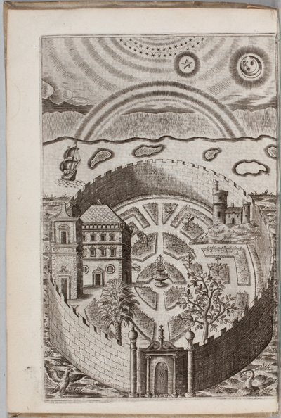 رسم توضيحي من "Partheneia Sacra: Or The Mysterious and Delicious Garden of the Sacred Parthenes Set رمزًا إلى الأمام والمثري بأجهزة وشعارات تقية لتسلية الأرواح المتدينة" ، بقلم هنري هوكينز ، 1633 بواسطة P. van Langeren