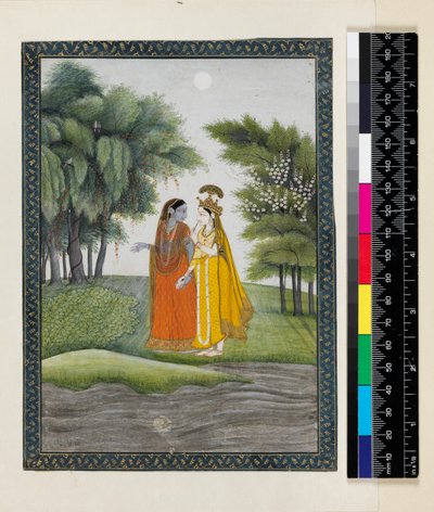 كريشنا ورادها يسيران بجانب جومنا في ضوء القمر بعد تبادل الملابس ، من `` Bhagavata purana &39;&39; ، Kangra ، هيماشال براديش ، c.1820 بواسطة مدرسة باهاري