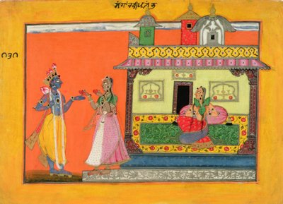 وصول كريشنا إلى منزل راداس ، رسم توضيحي من مخطوطة Rasamanjari من Bhanudatta ، على طراز الباشولي ، c.1660-70 بواسطة مدرسة باهاري