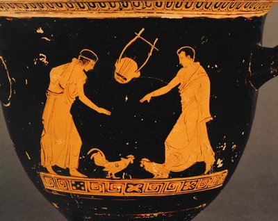 رجلان يشاهدان ديكيهما يتصارعان ... بواسطة الرسام مينيلاوس