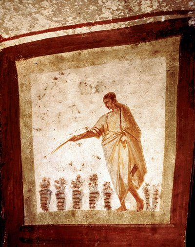 الفن الباليوكريتي (فترة روما القديمة): انتشار الخبز والأسماك. لوحة جدارية لسراديب الموتى في فيا أنابو في روما. القرنين الثالث والرابع. - الفن المسيحي المبكر. تكاثر الأرغفة والأسماك. سراديب الموتى في فيا أنابو ، روما ، إيطاليا بواسطة باليو كريستيان