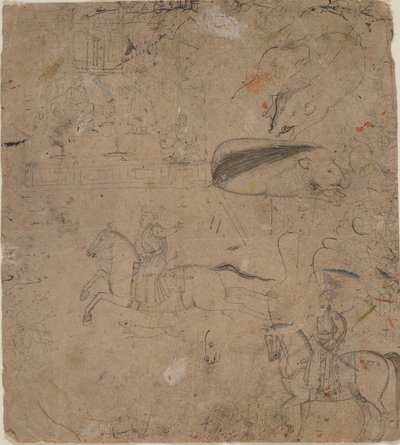 صفحة من كراسة رسم توضح الحكام على ظهور الخيل والخنازير ومشهد قصر ، أواخر القرن الثامن عشر بواسطة بانديت سيو