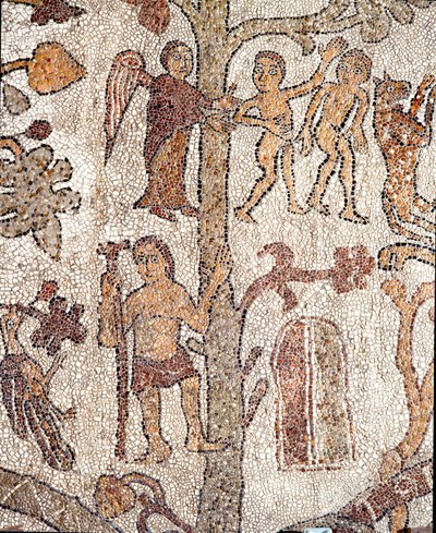 آدم وحواء يصطادان فسيفساء جنة الأرض في بانتاليوني ، كاهن وفسيفساء. 1163-1166. صحن الكنيسة المركزي لكاتدرائية أوترانتو بواسطة بانتاليون