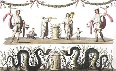 اللوحات الجدارية من لاراريوم منزل خاص في بومبي ، من "Le Costume Ancien et Moderne" بواسطة Jules Ferrario ، نُشرت في الفترة ما بين 1820 و 30 ثانية (لون ليثو) بواسطة باولو فوماجالي