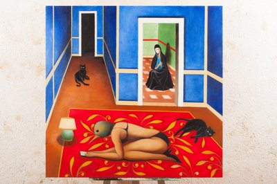 إعلان في مخمل أزرق، 2016 (زيت على لوح خشبي) بواسطة 