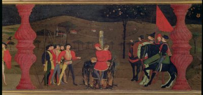 Predella من تدنيس المضيف: حرق الرهن اليهودي وعائلته بسبب تحميص المضيف المكرس ، حوالي 1468 (تمبرا على اللوحة) (التفاصيل) بواسطة باولو أوشيلو