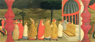 Predella من تدنيس المضيف: البابا يعيد المضيف المكرس إلى المذبح ، c.1468 (درجة الحرارة على اللوحة) (التفاصيل) بواسطة باولو أوشيلو