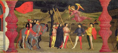 Predella من تدنيس المضيف: المرأة المسيحية التائبية معلقة لرهين المضيف المكرس ، c.1468 (درجة الحرارة على اللوحة) (التفاصيل) بواسطة باولو أوشيلو