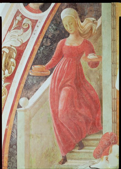 ولادة العذراء ، تفاصيل خادم خادمة ينزل درج ، من دورة جدارية لحياة العذراء وسانت ستيفن ، من كنيسة Cappella dellAssunta Chapel of the Assumption 1433-3 بواسطة باولو أوشيلو