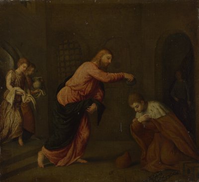المسيح يعمد القديس يوحنا شهيد الإسكندرية ، ج. 1565 بواسطة باريس بوردون
