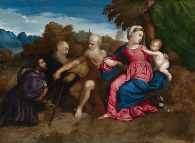 مريم العذراء والطفل مع القديسين جيروم وأنطوني أبوت ومتبرع، حوالي 1522 (زيت على لوح حور) بواسطة باريس بوردون