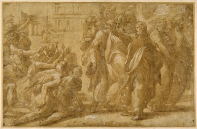 المسيح مع تلاميذه يشفي البرص (قلم وحبر وغسول ولون جسم على ورق) بواسطة Parmigianino (1503 40)