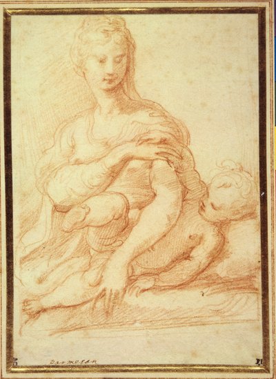 The Virgin playing with the Child on her lap (red chalk on white paper) بواسطة بارميجيانينو