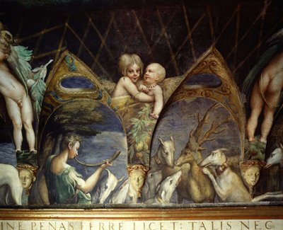 تفاصيل لوحة جدارية لغرفة Diane (Artemis) و Acteon بقلم Francesco Mazzola تسمى Le Parmesan (1503-1540) (Parmigianino) لباولا غونزاغا وجالياتسو سانفيتالي. إنه يمثل حورية تلعب بوقًا بالإضافة إلى الكروبين و "المعجون". أكتيون غزال بواسطة بارميجيانينو