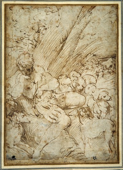 Shepherd boy holding a pipe, resting under a tree with his dog among their flock (pen & brown ink on paper) بواسطة بارميجيانينو