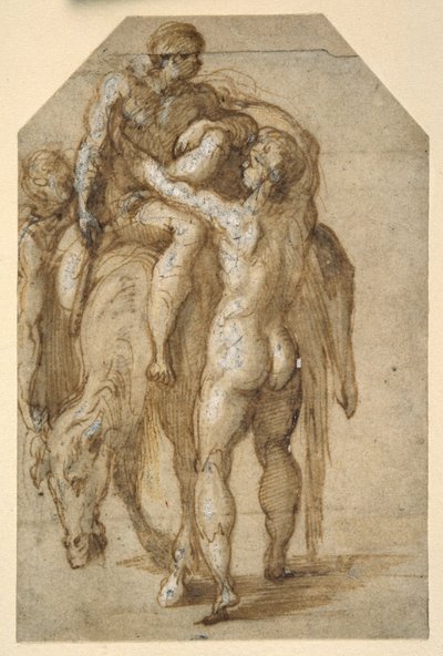 Two nude men lifting a sick man from a tired horse (pen & brown ink with brown wash heightened with white body colour on paper) بواسطة بارميجيانينو