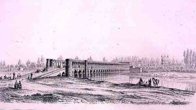 جسر الله فيردي خان ، في أصفهان ، من "رحلة بيتوريسك" من بلاد فارس ، نقشها كلود سوفاجوت (1832-1885) نشره لوميرسييه ، باريس بواسطة باسكال كزافييه (بعد) كوست