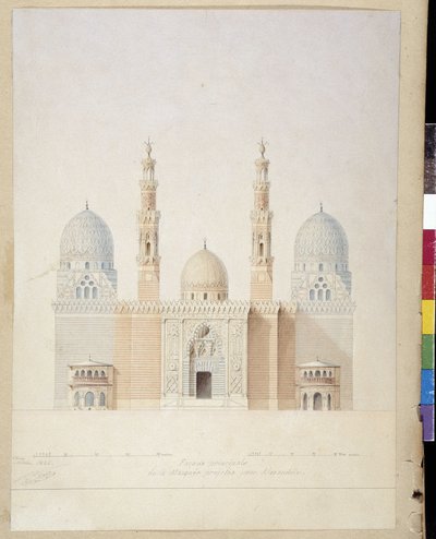 العمارة: مشروع الواجهة الرئيسية لمسجد الإسكندرية. مصر. رسم لباسكال كوست (1787-1879) بواسطة باسكال كزافييه (بعد) كوست