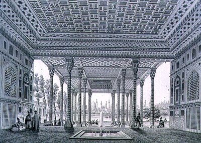 منظر داخلي لجناح المرايا ، أصفهان ، اللوحة 35 من "الآثار الحديثة لبلاد فارس" ، نقشها كلود سوفاجوت (1832-1885) وجان تشارلز هوغيت بواسطة باسكال كزافييه (بعد) كوست