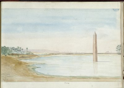 منظر لنهر ومسلة سيسوستريس الأول في هليوبوليس ، مصر. لوحة مائية لباسكال كوست (1787-1879). مكتبة بلدية مرسيليا بواسطة باسكال كزافييه (بعد) كوست