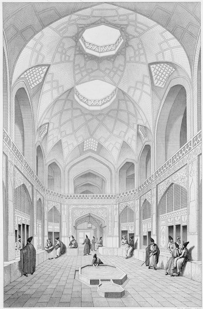 Adji Seid Hussein Bazaar ، في Kashan ، من "Voyage Pittoresque" في بلاد فارس ، محفور بواسطة Louis Felix Penel (fl.1780-1830) نشره Lemercier ، باريس ، 1856 بواسطة باسكال كزافييه كوست