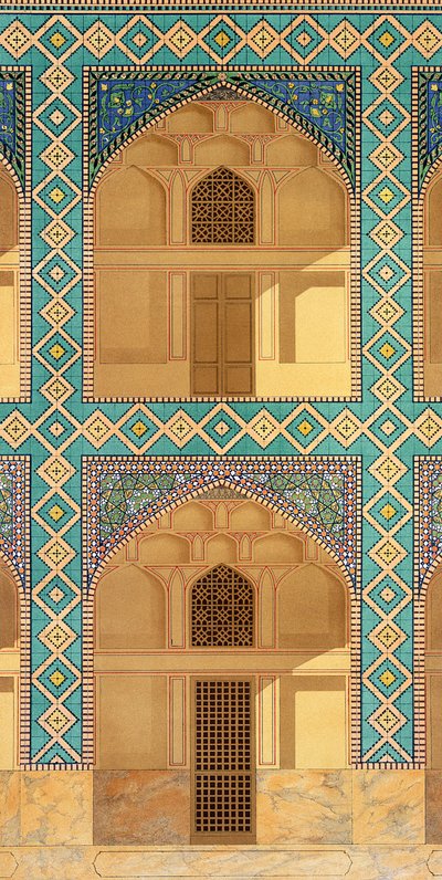 تفاصيل رواق الفناء في Medrese-i-Shah-Hussein ، أصفهان ، اللوحة 26-27 من الآثار الفارسية الحديثة ، محفورة بواسطة A. Levie ، 1856 litho بواسطة باسكال كزافييه كوست