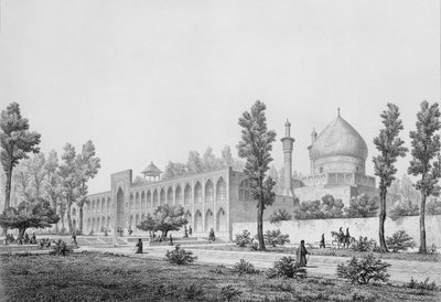 مدرسة يي مسجد شاه سلطان حسين ، في أصفهان ، من "رحلة بيتوريسك" في بلاد فارس ، محفورة بواسطة كلود سوفاجوت (1832-1885) نشرها ليميرسييه ، باريس ، 1856 بواسطة باسكال كزافييه كوست